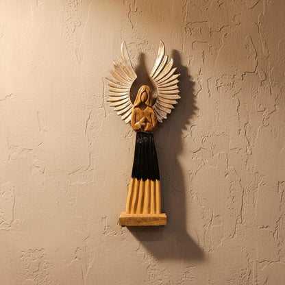 Hand-Carved 40Cm Mango Wood Guardian Angel With Metal Wings displayed in a charming setting. This unique angel combines elegance and spiritual depth, perfect as a Christmas Gift for enhancing home ambiance.