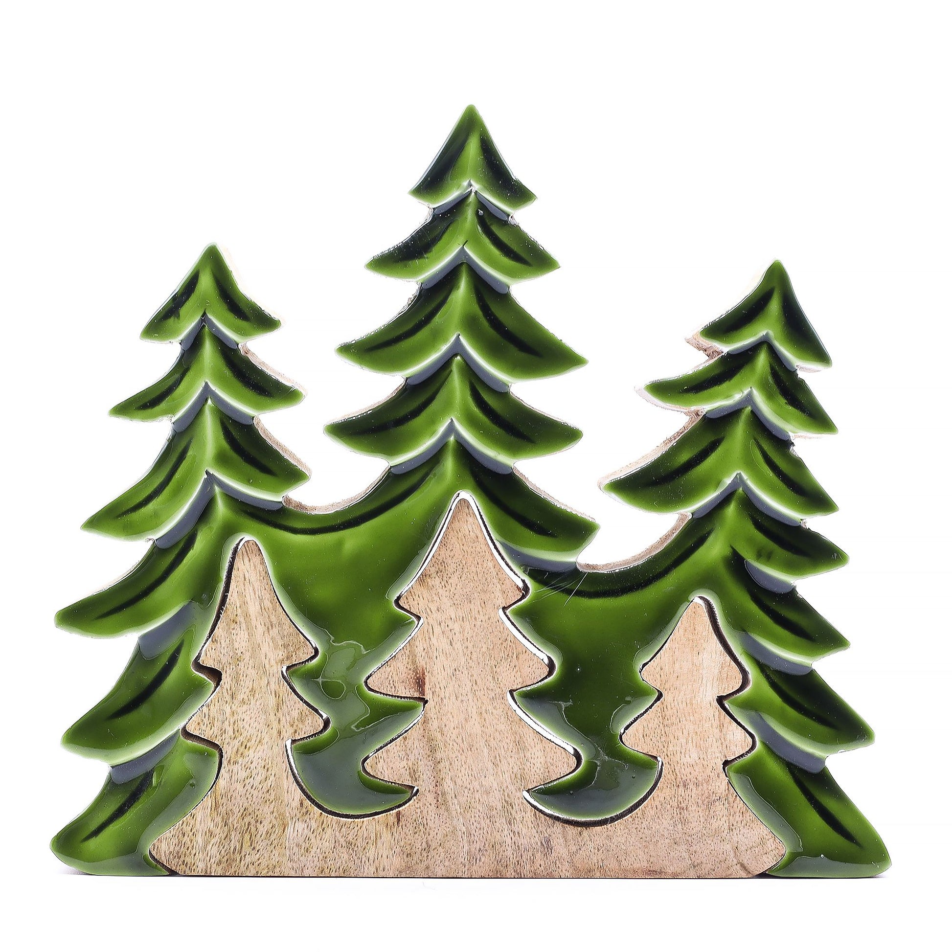 Lost In The Forest - Three Trees 3D Wooden Decoration highlighting its glossy green enamel layered trees, an enchanting piece for your space as a {{scent}} {{product_type}} – Christmas Gift Home Fragrance.