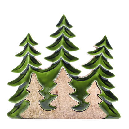 Lost In The Forest - Three Trees 3D Wooden Decoration highlighting its glossy green enamel layered trees, an enchanting piece for your space as a {{scent}} {{product_type}} – Christmas Gift Home Fragrance.
