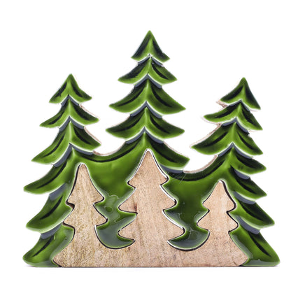 Lost In The Forest - Three Trees 3D Wooden Decoration showcasing three layered pine silhouettes in glossy green enamel and mango wood. This charming piece adds a touch of nature's serenity and is perfect for festive décor or as a delightful Christmas gift home fragrance.