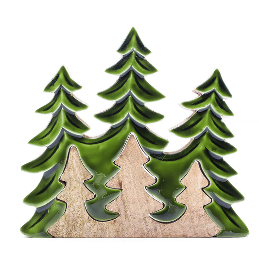 Lost In The Forest - Three Trees 3D Wooden Decoration showcasing three layered pine silhouettes in glossy green enamel and mango wood. This charming piece adds a touch of nature's serenity and is perfect for festive décor or as a delightful Christmas gift home fragrance.