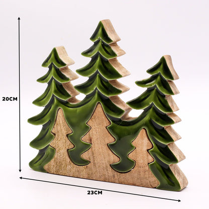 Lost In The Forest - Three Trees 3D Wooden Decoration - 20x23cm showcasing three layered pine silhouettes in glossy green enamel finish, perfect for adding a touch of nature to your decor. Ideal for festive occasions as a Christmas Gift Home Fragrance.