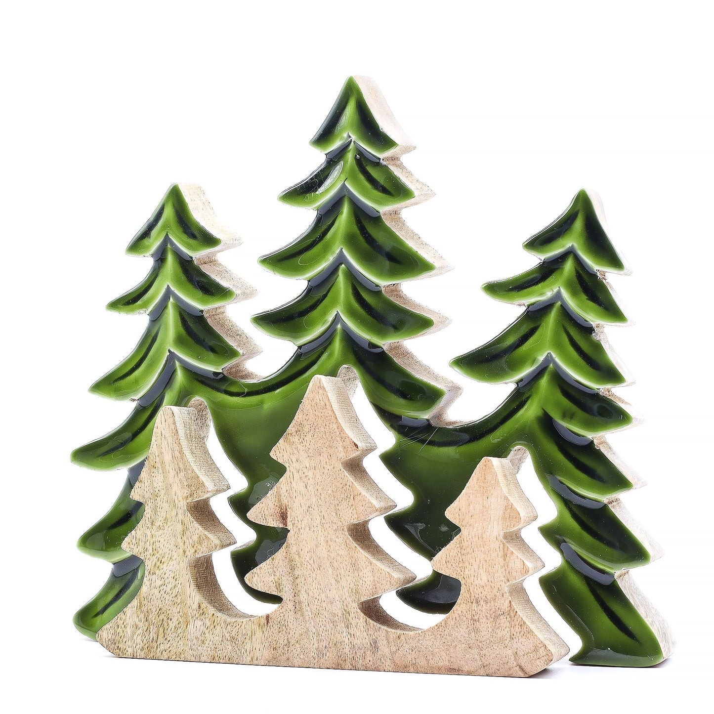 Lost In The Forest - Three Trees 3D Wooden Decoration showcasing a vibrant green enamel finish on three layered pine silhouettes, perfect as a {{scent}} {{product_type}} – Christmas Gift Home Fragrance.