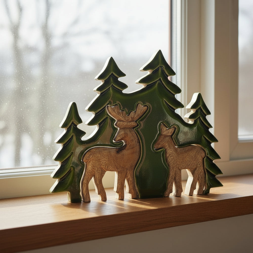 Gorgeous Lost in The Forest 3D Wooden Deer Decoration depicting two deer surrounded by lush green trees. A perfect addition to festive displays and a thoughtful Christmas gift. {{scent}} {{product_type}} – Christmas Gift Home Fragrance.