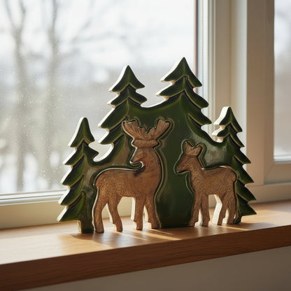 Gorgeous Lost in The Forest 3D Wooden Deer Decoration depicting two deer surrounded by lush green trees. A perfect addition to festive displays and a thoughtful Christmas gift. {{scent}} {{product_type}} – Christmas Gift Home Fragrance.