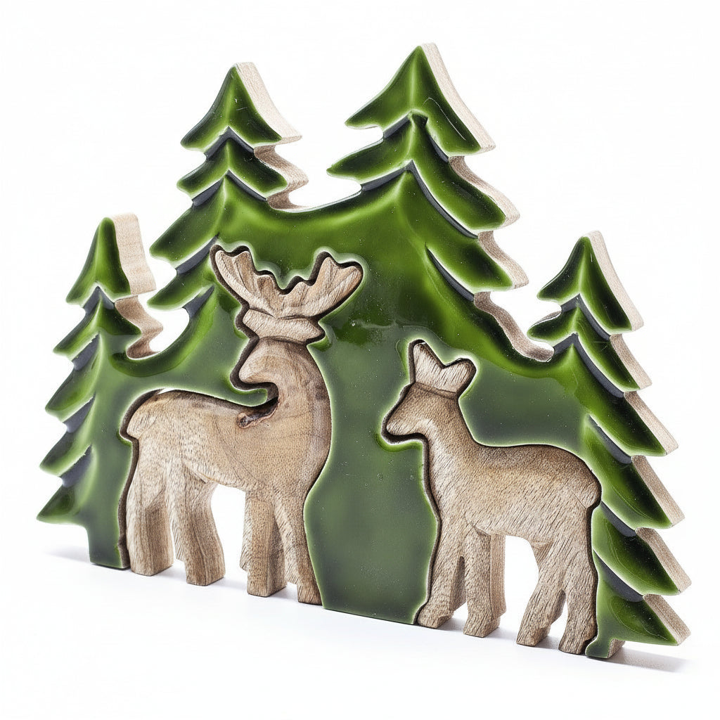 Beautiful Lost in The Forest 3D Wooden Deer Decoration featuring two deer and tall fir trees. Ideal as a Christmas gift for nature lovers. Perfect for home decor, adding a touch of woodland charm. {{scent}} {{product_type}} – Christmas Gift Home Fragrance.