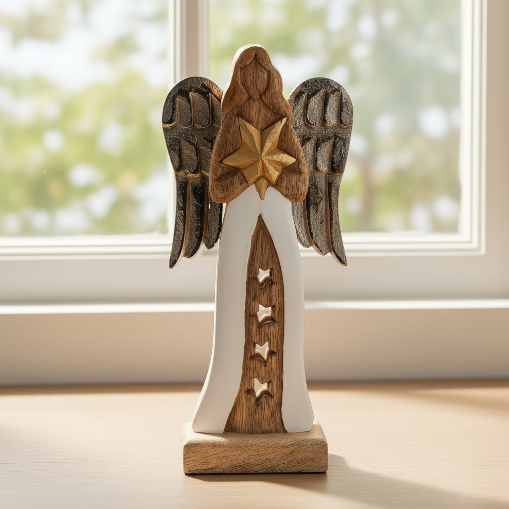 30cm Mango Wood Angel With Metal Wings & Enamel Detail – A beautifully handcrafted piece showcasing an angel holding a golden star, perfect as a Christmas gift and home decor to uplift any space. {{scent}} {{product_type}} – Christmas Gift Home Fragrance.