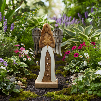 Charming 30cm Mango Wood Angel with Metal Wings & Enamel Detail seen from the back, displaying a golden star held close to her heart in a garden.