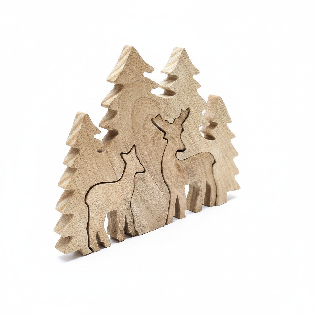 Elegant Lost in The Forest 3D Wooden Deer Decoration showcasing two deer among wooden fir trees. This unique piece makes for a lovely Christmas gift, enhancing any home decor. {{scent}} {{product_type}} – Christmas Gift Home Fragrance.