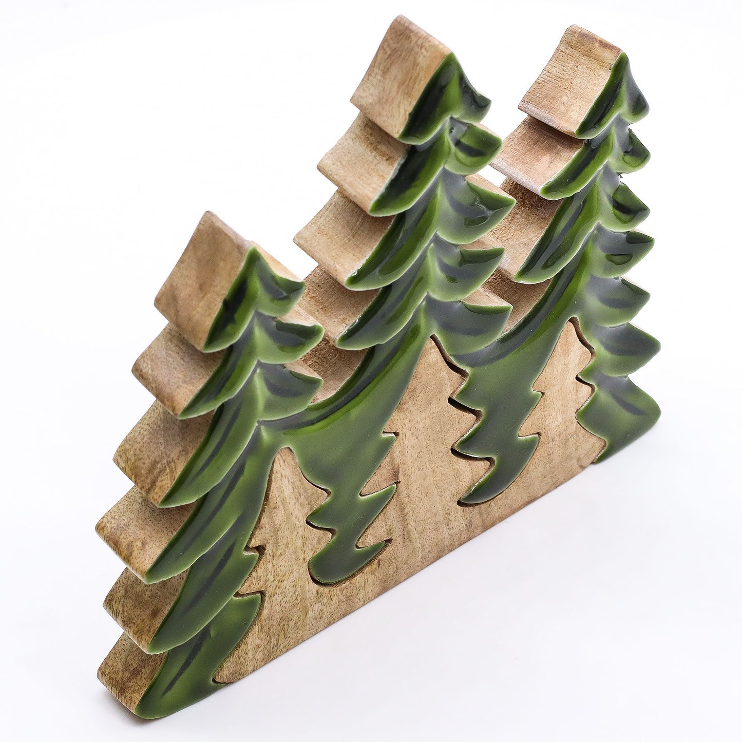Side view of the Lost In The Forest - Three Trees 3D Wooden Decoration - 20x23cm, highlighting the handcrafted detail with a warm mango wood finish, perfect for any home setting. This unique piece serves as a charming Christmas Gift Home Fragrance.