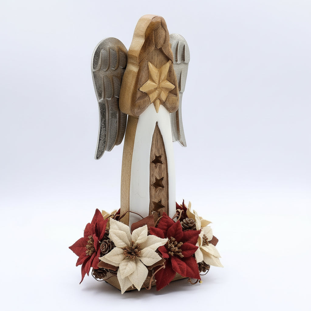 30cm Mango Wood Angel With Metal Wings & Enamel Detail – Close-up of the enchanting angel displaying its enamel robe and star cut-outs, a perfect decorative accent for Christmas and throughout the year. {{scent}} {{product_type}} – Christmas Gift Home Fragrance.