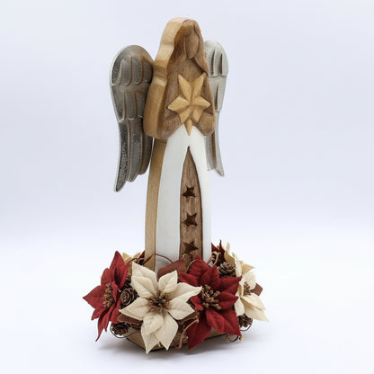 30cm Mango Wood Angel With Metal Wings & Enamel Detail – Close-up of the enchanting angel displaying its enamel robe and star cut-outs, a perfect decorative accent for Christmas and throughout the year. {{scent}} {{product_type}} – Christmas Gift Home Fragrance.