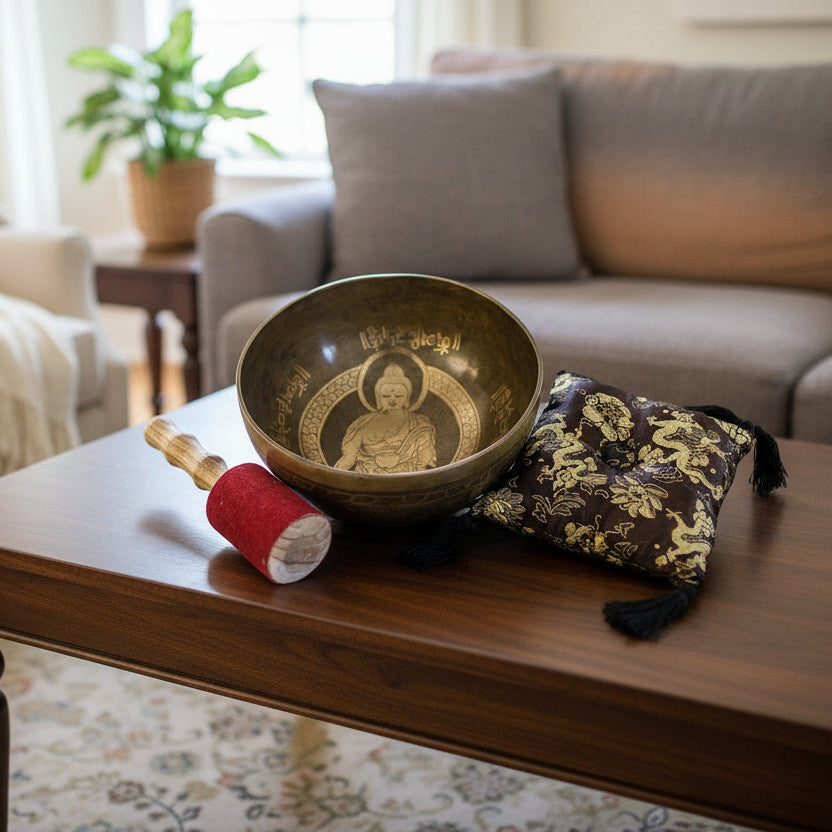 Brass Buddha Singing Bowl Set – Tibetan Gift for Inner Calm, featuring an intricately designed brass bowl, a soft decorative cushion, and a suede-coated stick, perfect for enhancing mindfulness and relaxation, ideal as a Christmas gift for home fragrance.