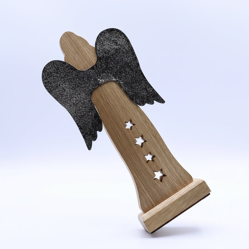 Mango Wood Angel With Metal Wings & Enamel Detail – Back view showcasing the elegant design with antique wings.