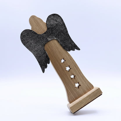 Mango Wood Angel With Metal Wings & Enamel Detail – Back view showcasing the elegant design with antique wings.