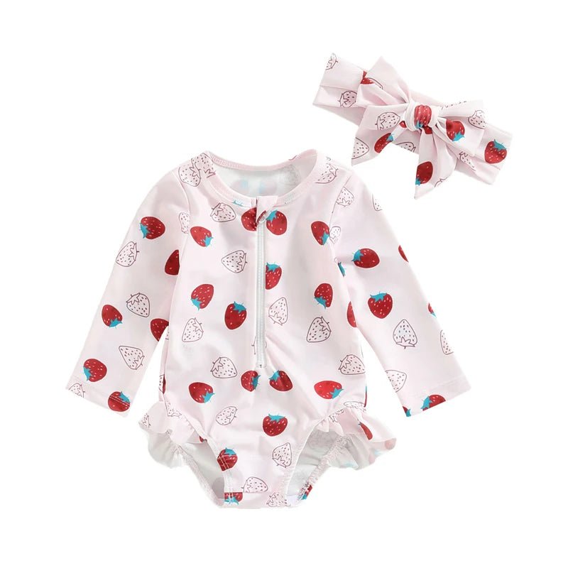 Baby Girls Strawberry Swimsuit | Long Sleeve Rash Guard with Sun Hat - Cake Pops Parties