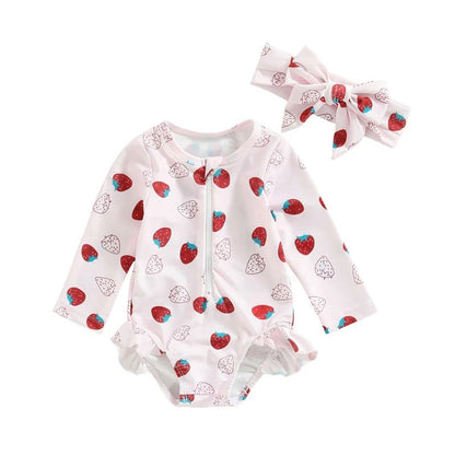 Baby Girls Strawberry Swimsuit | Long Sleeve Rash Guard with Sun Hat - Cake Pops Parties