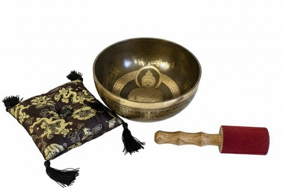 Bowl at top with cushion and mallet at bottom corners