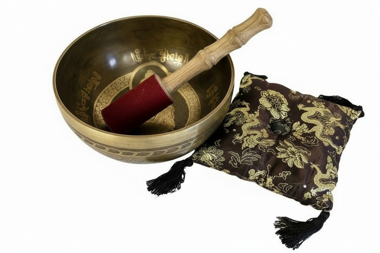 Brass Buddha Singing Bowl with mallet inside on cushion