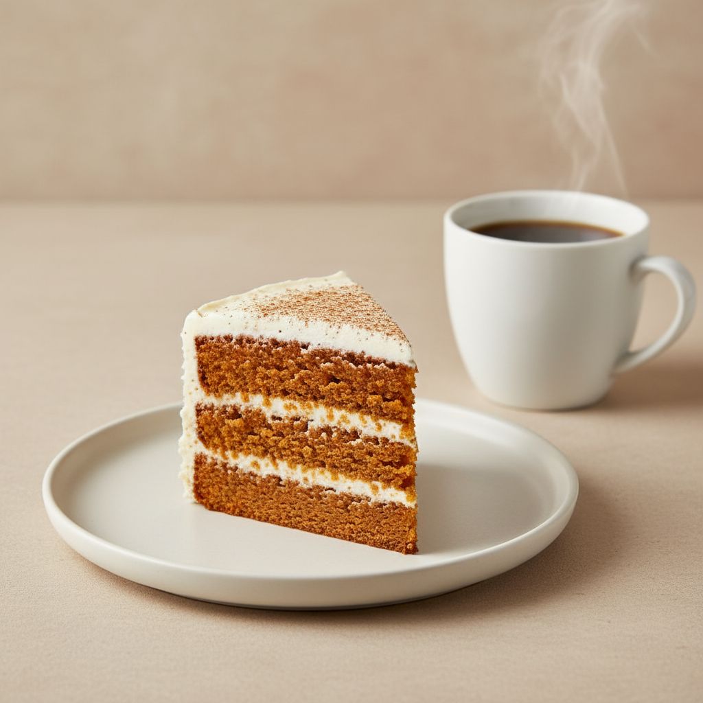 Slice of layered cake on a plate with a steaming cup of coffee on a beige background