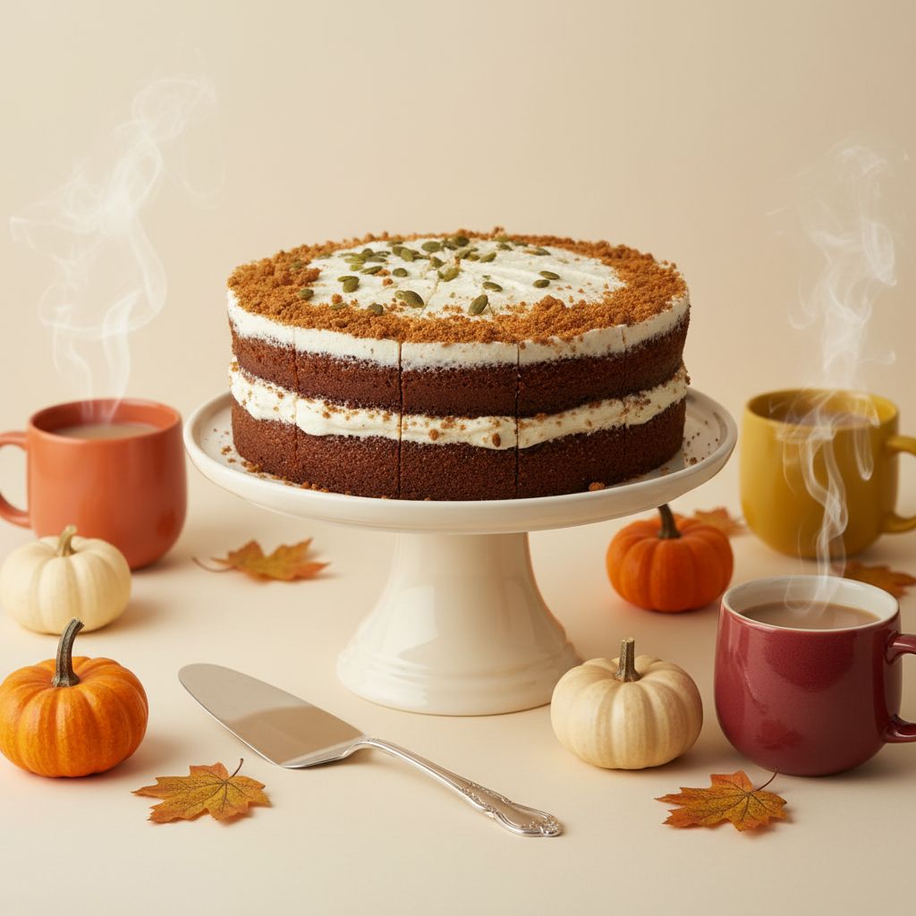 Layered cake on a white cake stand with pumpkins and mugs on a beige background