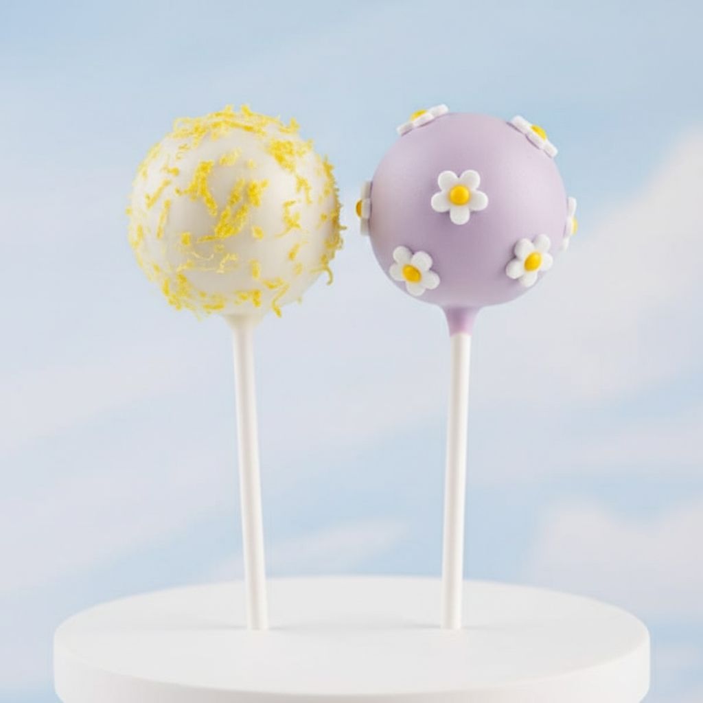 Two cake pops on sticks with decorative elements against a light blue background