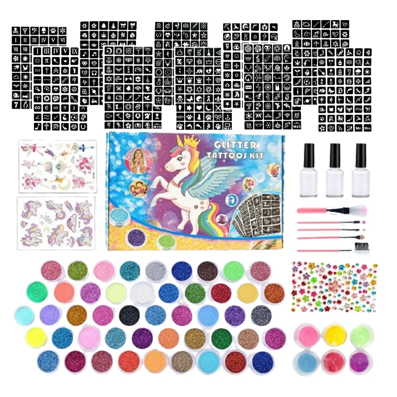 Colorful Diamond Glitter Tattoo Set - Kids Face & Body Art Kit - Cake Pops Parties