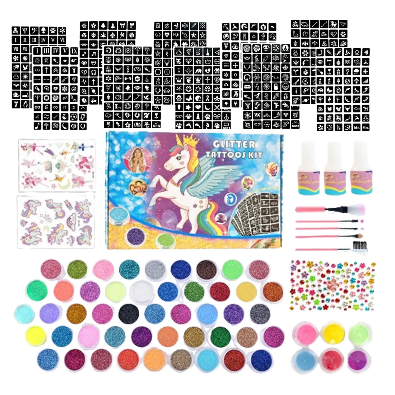 Colorful Diamond Glitter Tattoo Set - Kids Face & Body Art Kit - Cake Pops Parties
