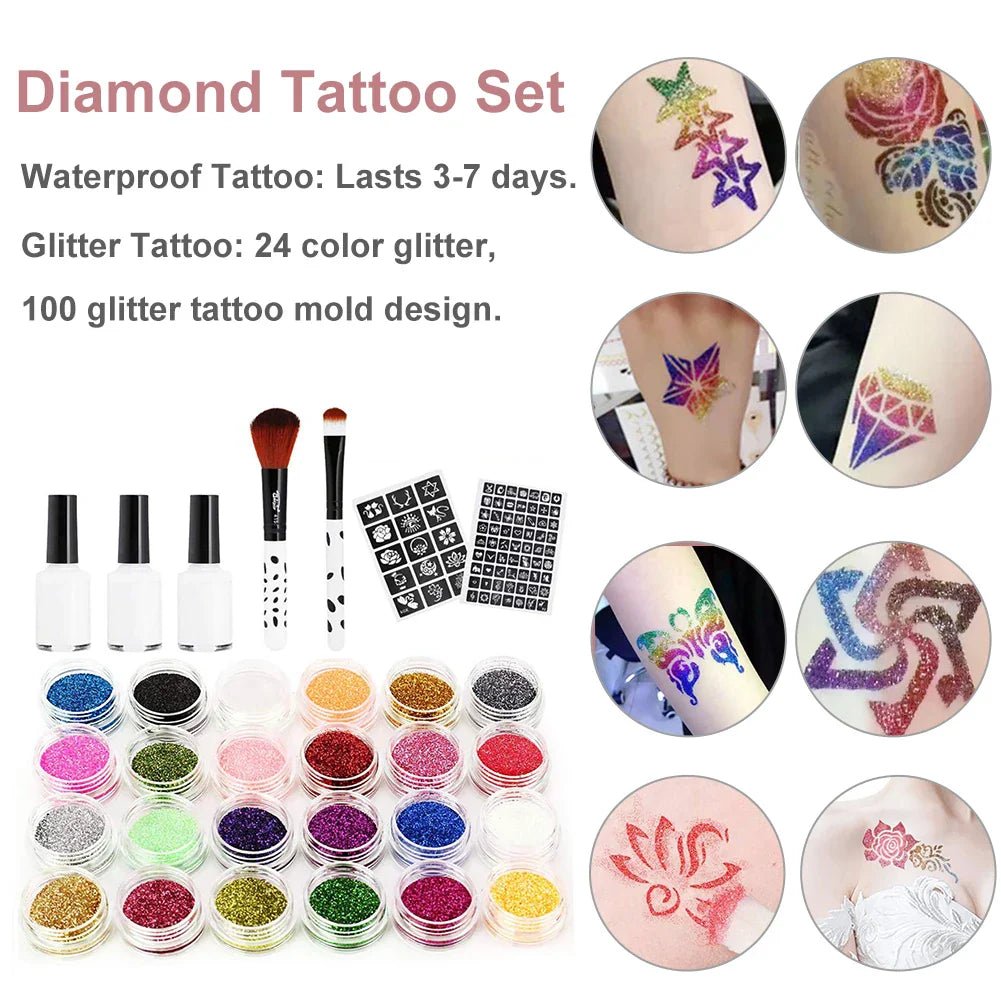 Colorful Diamond Glitter Tattoo Set - Kids Face & Body Art Kit - Cake Pops Parties
