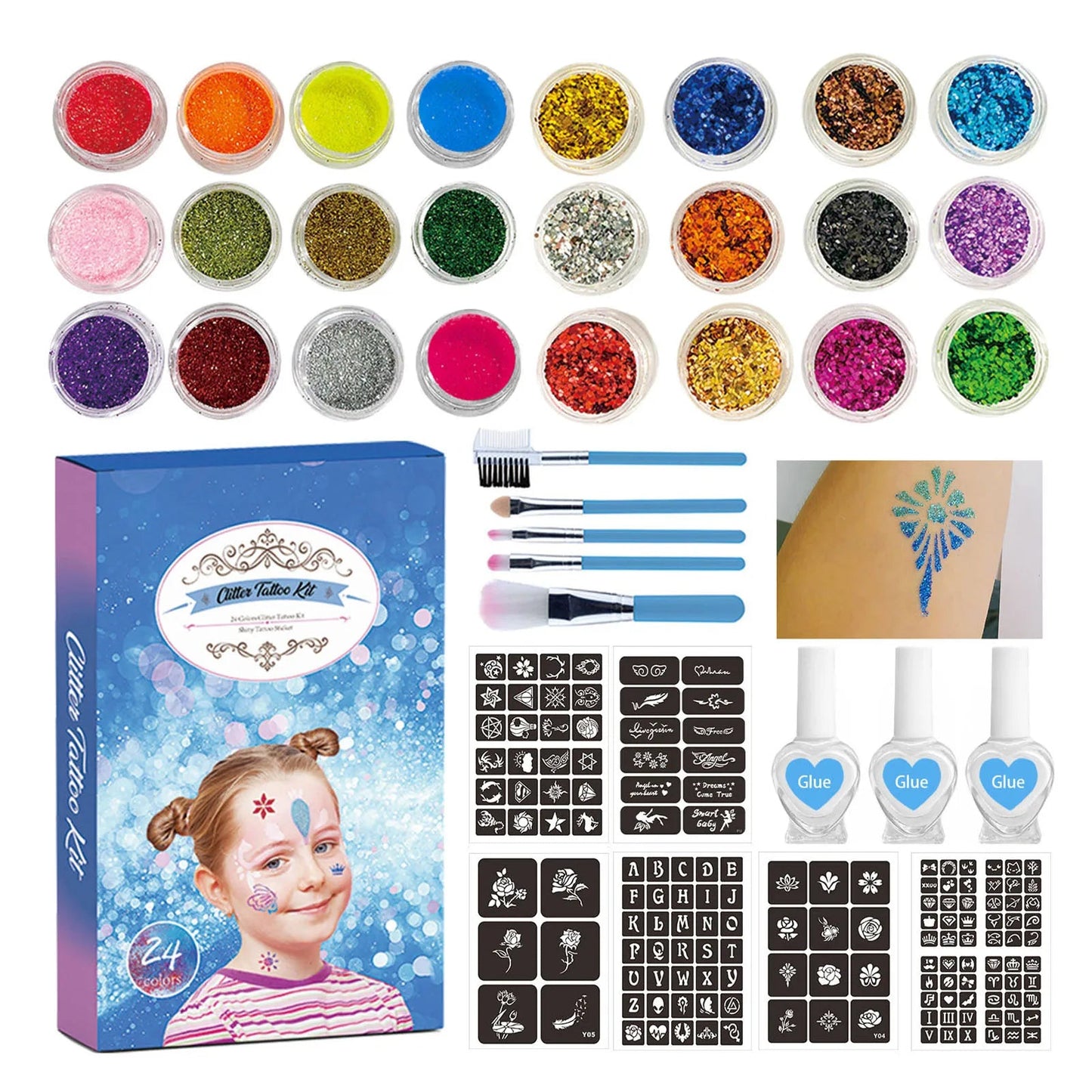Colorful Diamond Glitter Tattoo Set - Kids Face & Body Art Kit - Cake Pops Parties