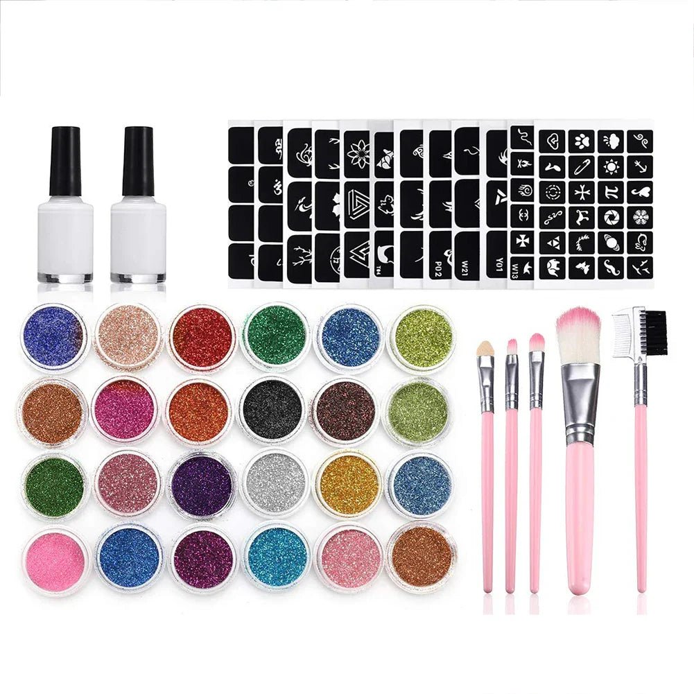 Colorful Diamond Glitter Tattoo Set - Kids Face & Body Art Kit - Cake Pops Parties