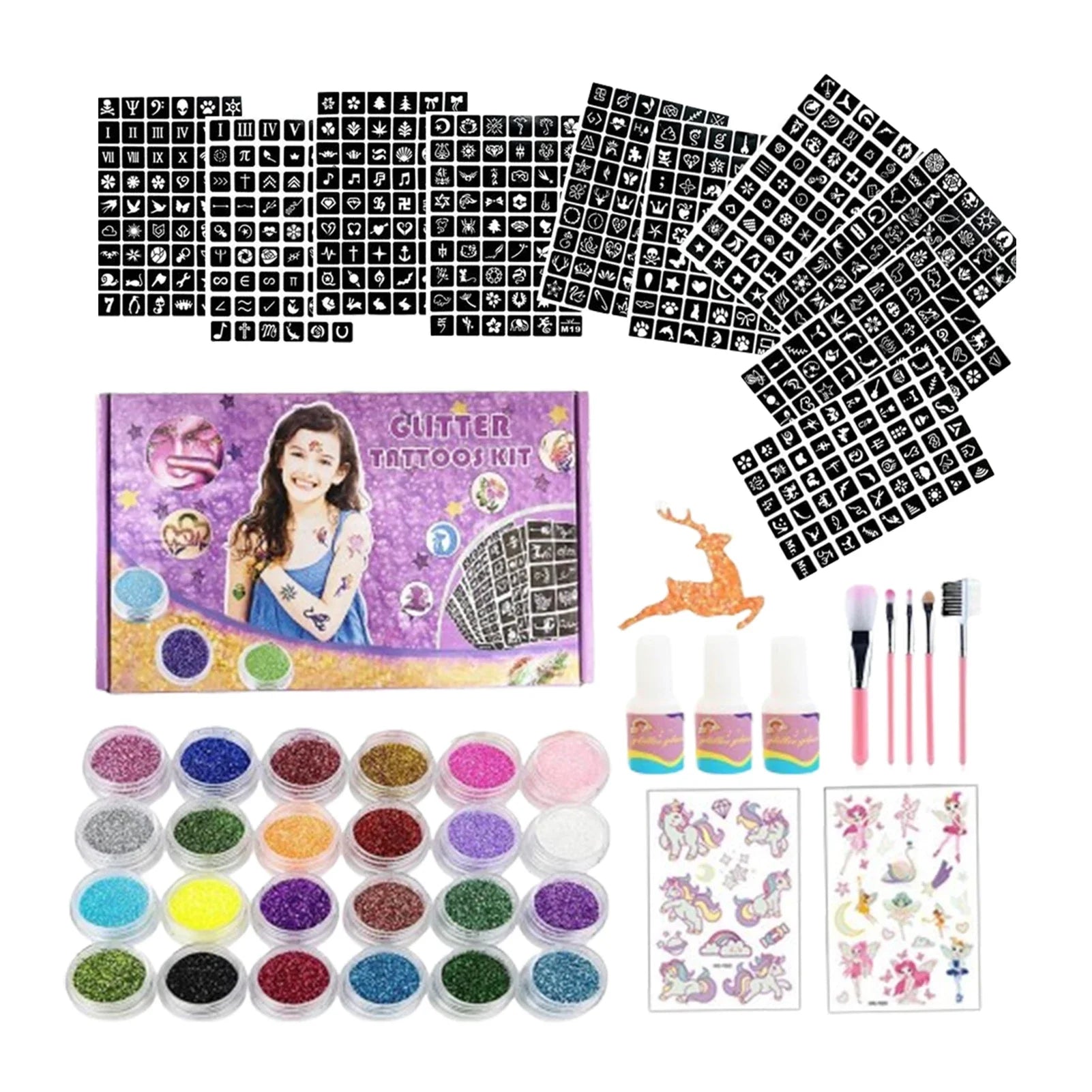Colorful Diamond Glitter Tattoo Set - Kids Face & Body Art Kit - Cake Pops Parties