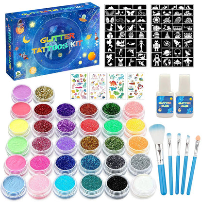 Colorful Diamond Glitter Tattoo Set - Kids Face & Body Art Kit - Cake Pops Parties