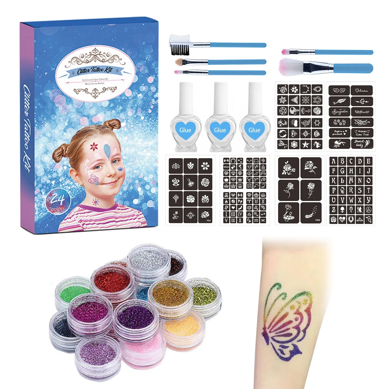 Colorful Diamond Glitter Tattoo Set - Kids Face & Body Art Kit - Cake Pops Parties