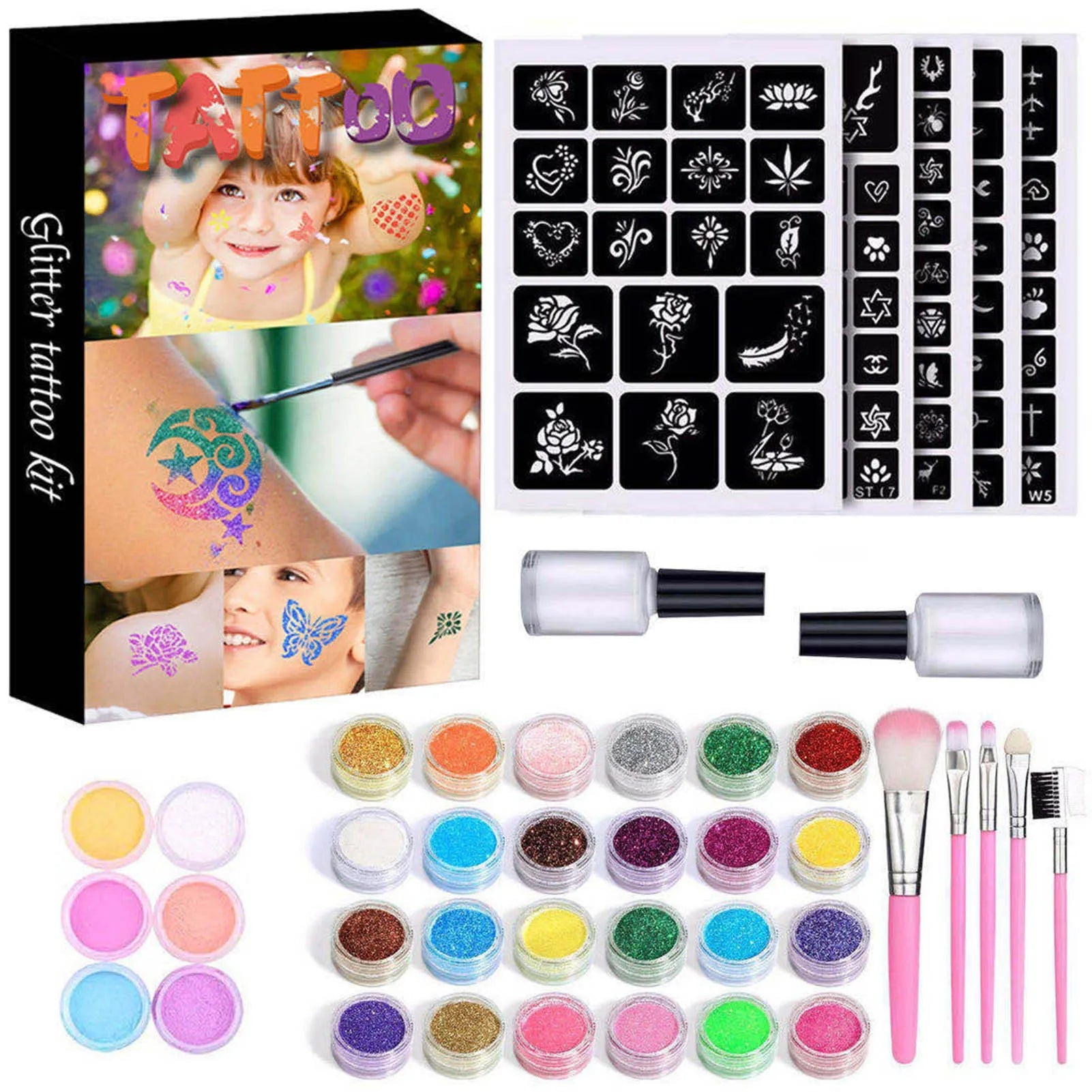 Colorful Diamond Glitter Tattoo Set - Kids Face & Body Art Kit - Cake Pops Parties