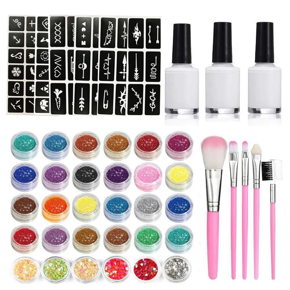 Colorful Diamond Glitter Tattoo Set - Kids Face & Body Art Kit - Cake Pops Parties
