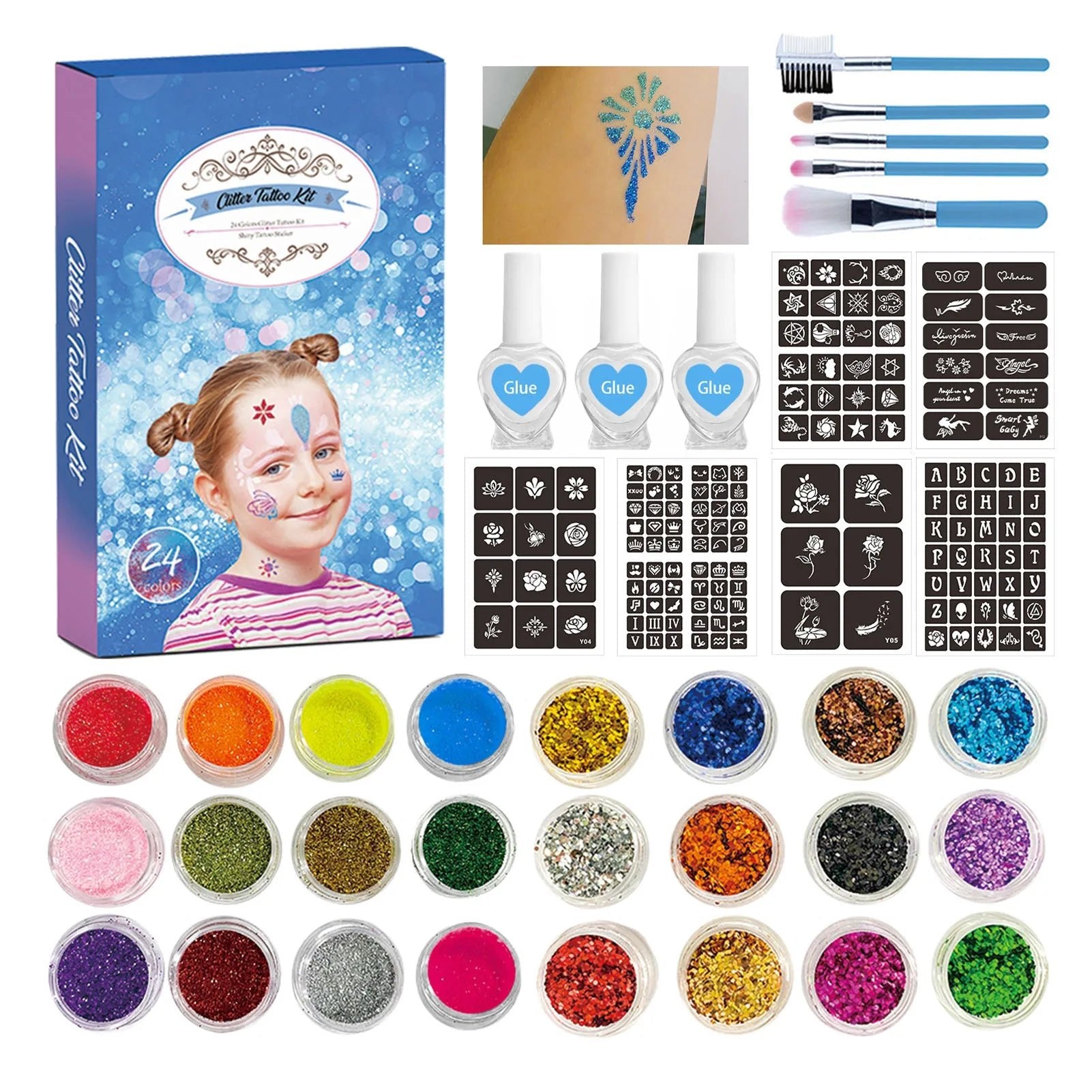 Colorful Diamond Glitter Tattoo Set - Kids Face & Body Art Kit - Cake Pops Parties