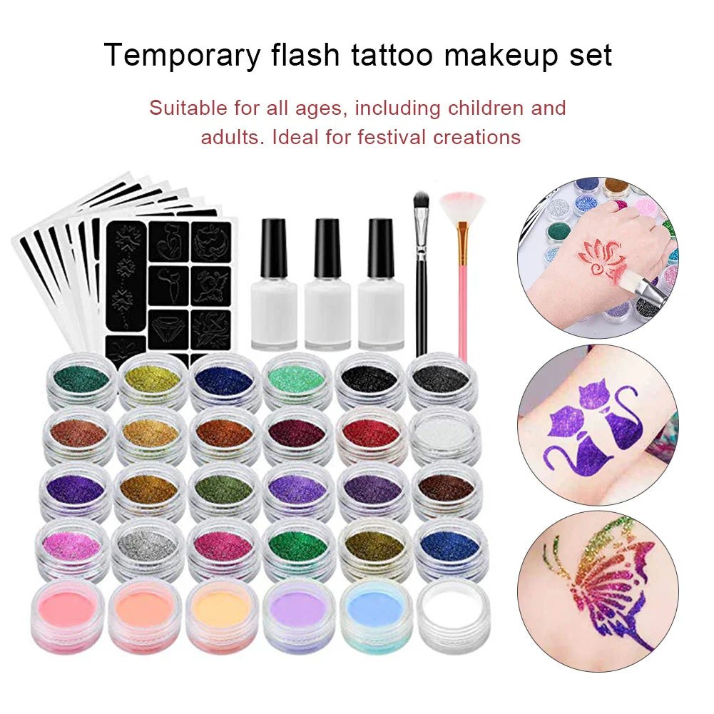 Colorful Diamond Glitter Tattoo Set - Kids Face & Body Art Kit - Cake Pops Parties