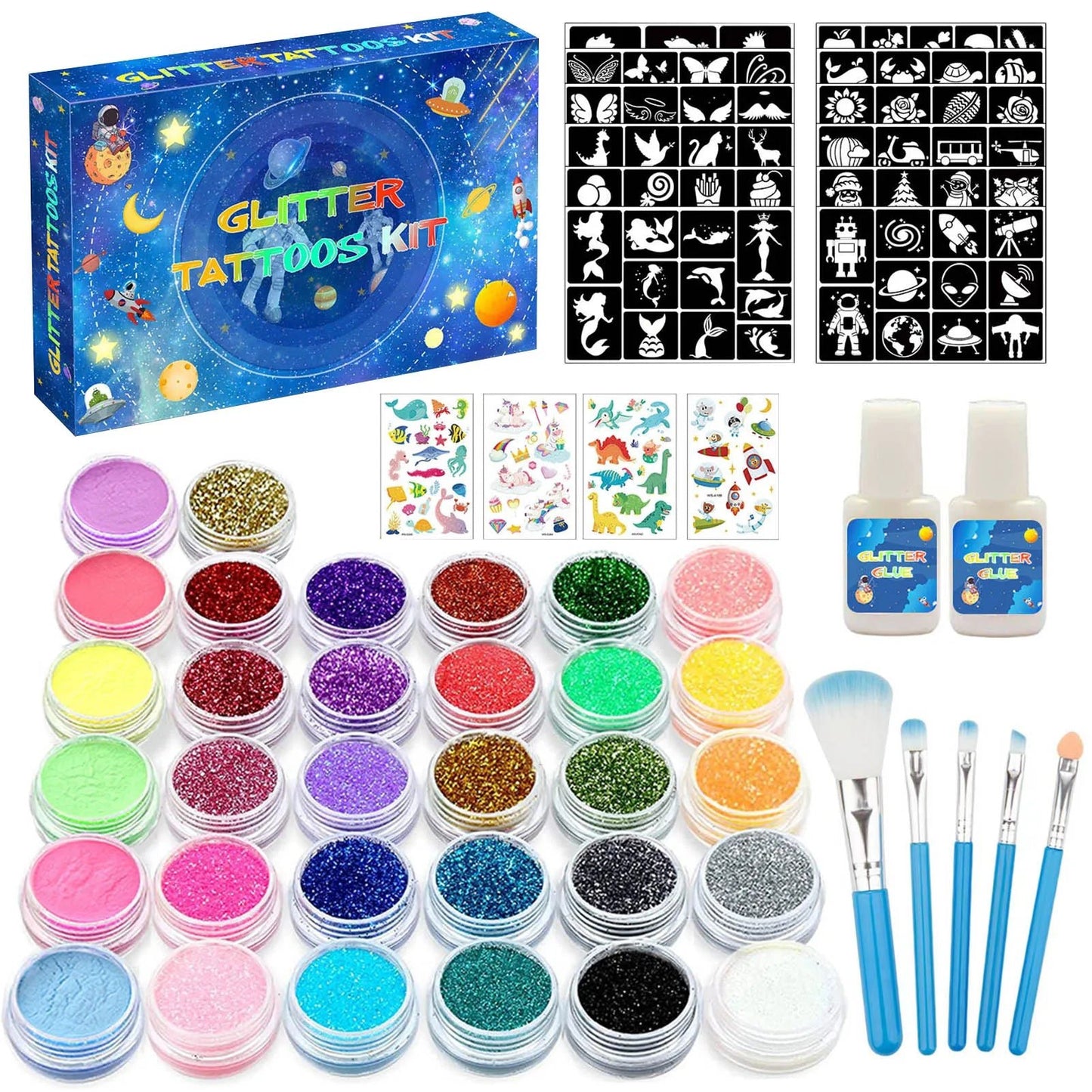 Colorful Diamond Glitter Tattoo Set - Kids Face & Body Art Kit - Cake Pops Parties