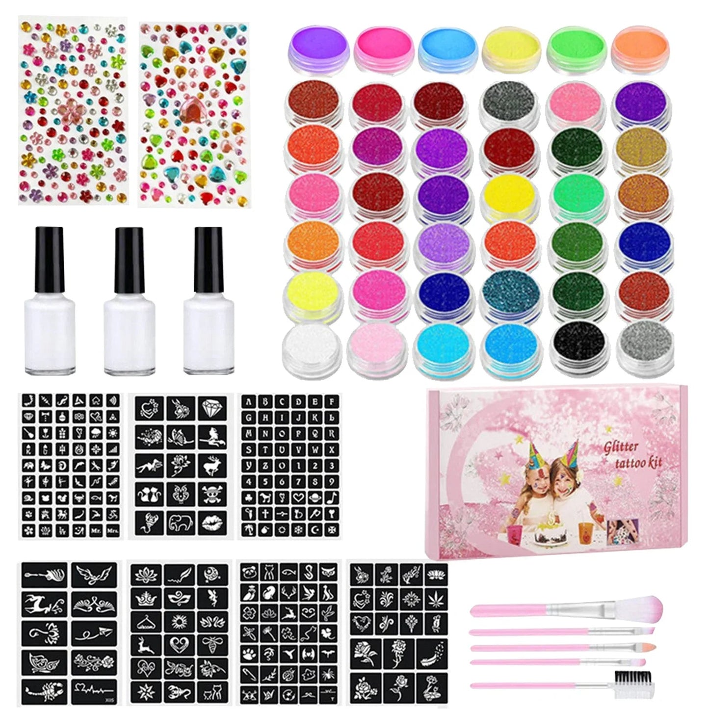 Colorful Diamond Glitter Tattoo Set - Kids Face & Body Art Kit - Cake Pops Parties