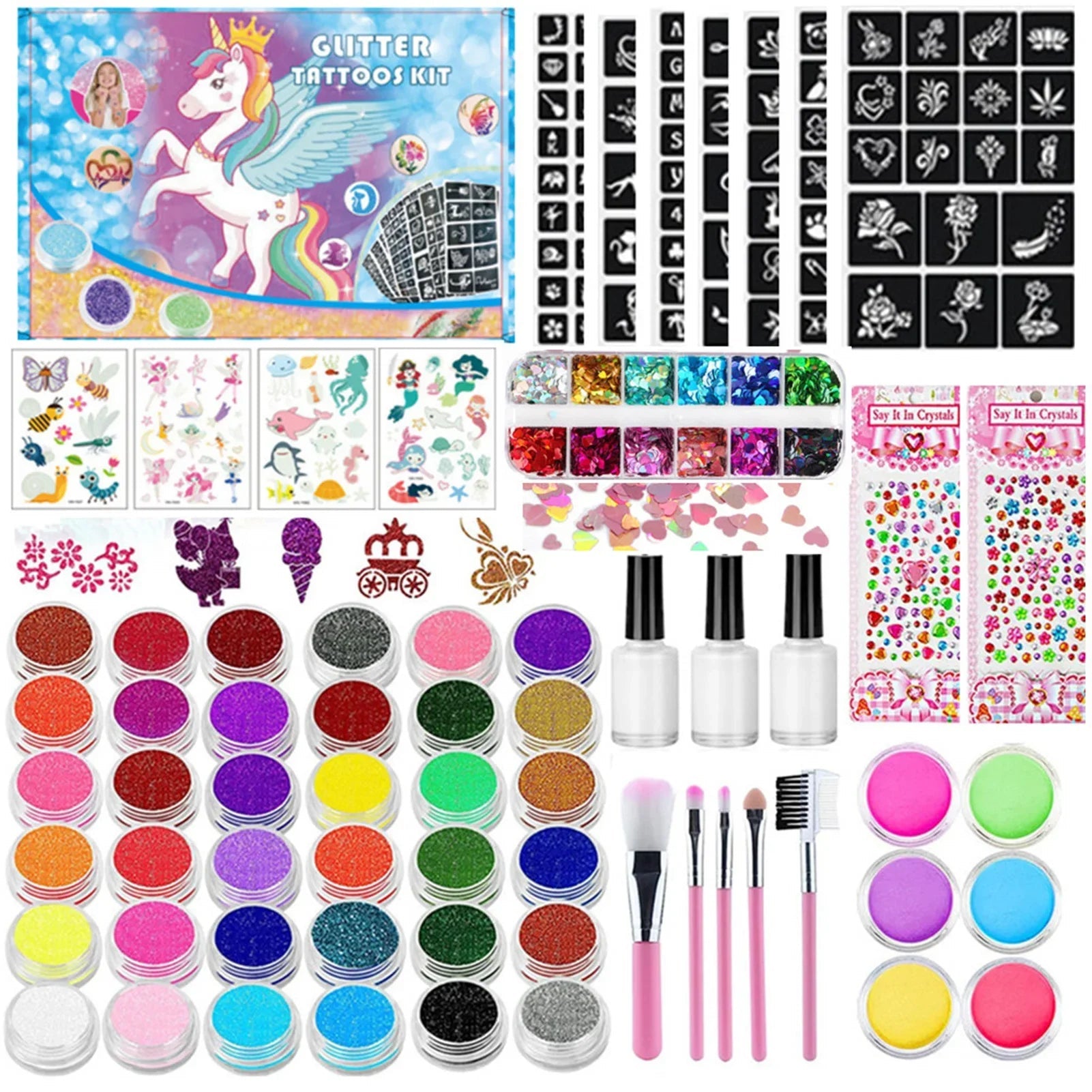 Colorful Diamond Glitter Tattoo Set - Kids Face & Body Art Kit - Cake Pops Parties