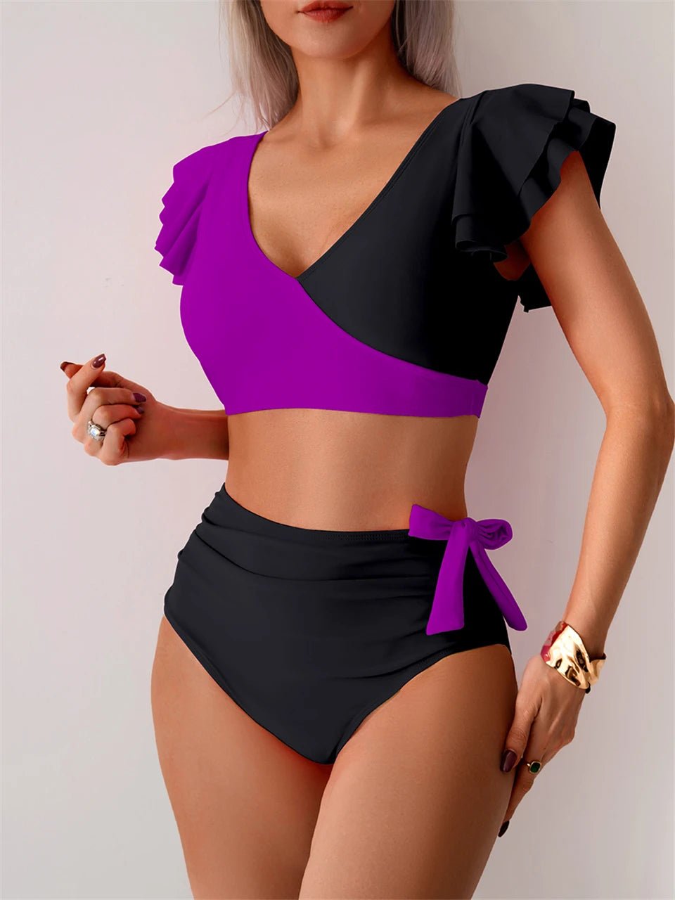 Colorful Patchwork Bikini Set with Ruffle Trim | 2 - Piece Beach Swimsuit - Cake Pops Parties