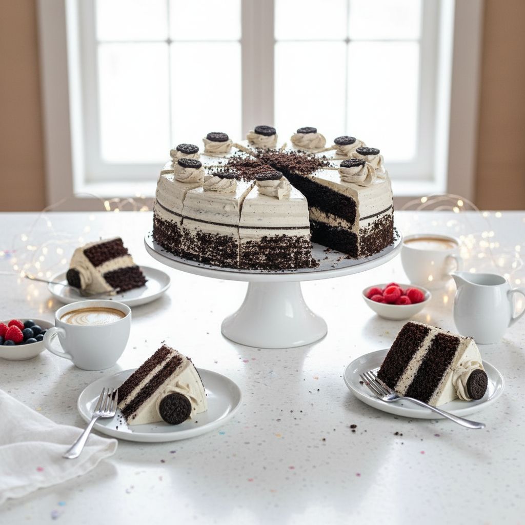 Chocolate cake with a slice cut out on a white cake stand, surrounded by coffee cups and berries on a light surface.