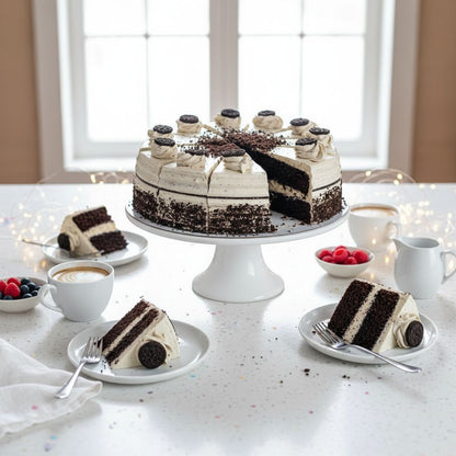 Chocolate cake with a slice cut out on a white cake stand, surrounded by coffee cups and berries on a light surface.