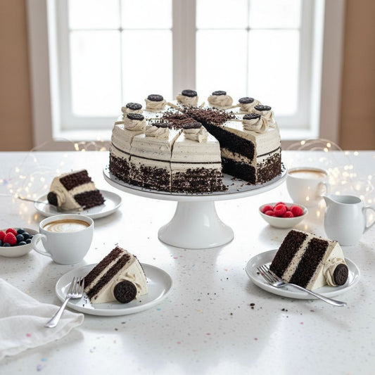 Chocolate cake with a slice cut out on a white cake stand, surrounded by coffee cups and berries on a light surface.