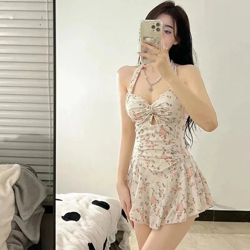 Elegant High Waist One Piece Swimsuit for Women - Hanging Neck Beach Dress - Cake Pops Parties