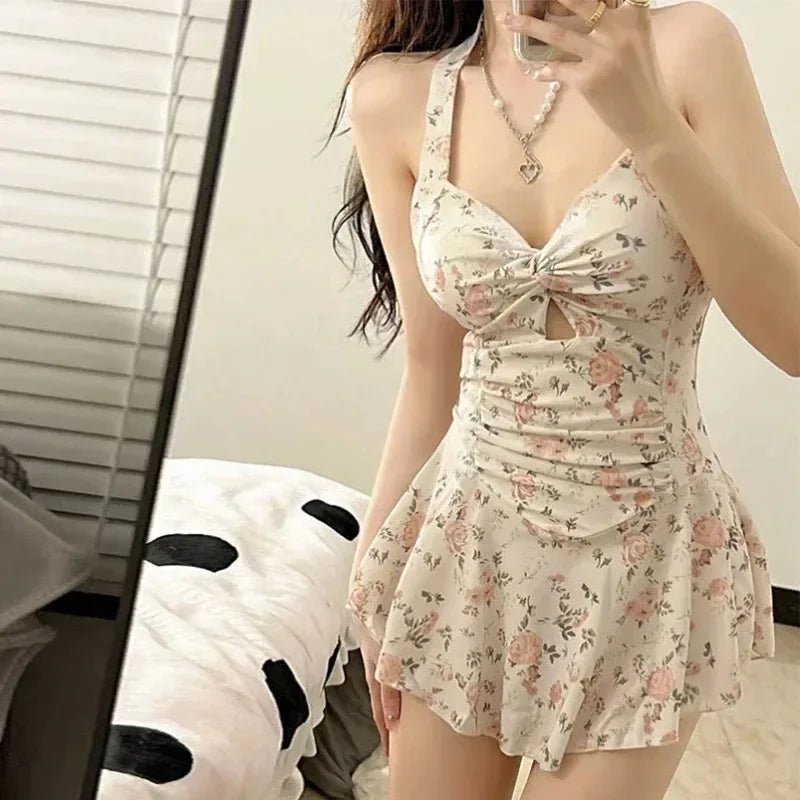 Elegant High Waist One Piece Swimsuit for Women - Hanging Neck Beach Dress - Cake Pops Parties
