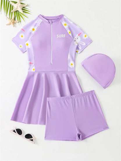 Girls 3 - Piece Set - Short Sleeve Dress & Shorts Beach Bathing Suit - Cake Pops Parties