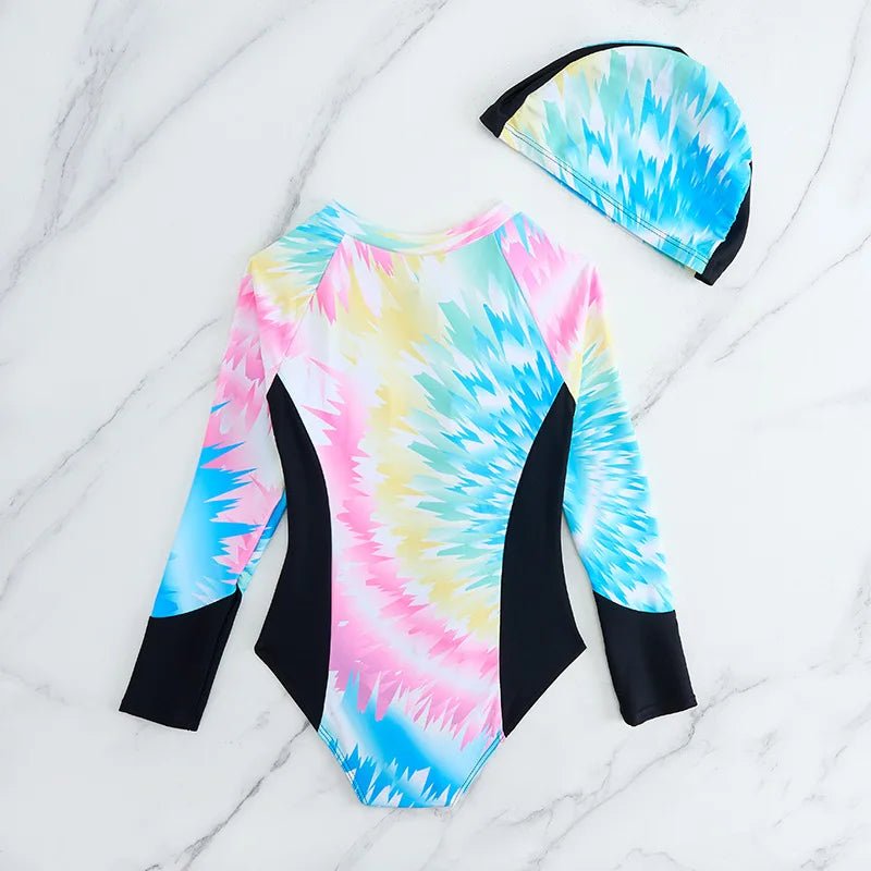 Girls Long Sleeve One Piece Swimsuit | Patchwork Surf Set with Cap - Cake Pops Parties