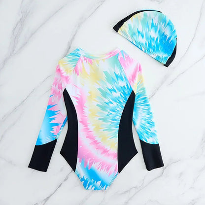 Girls Long Sleeve One Piece Swimsuit | Patchwork Surf Set with Cap - Cake Pops Parties
